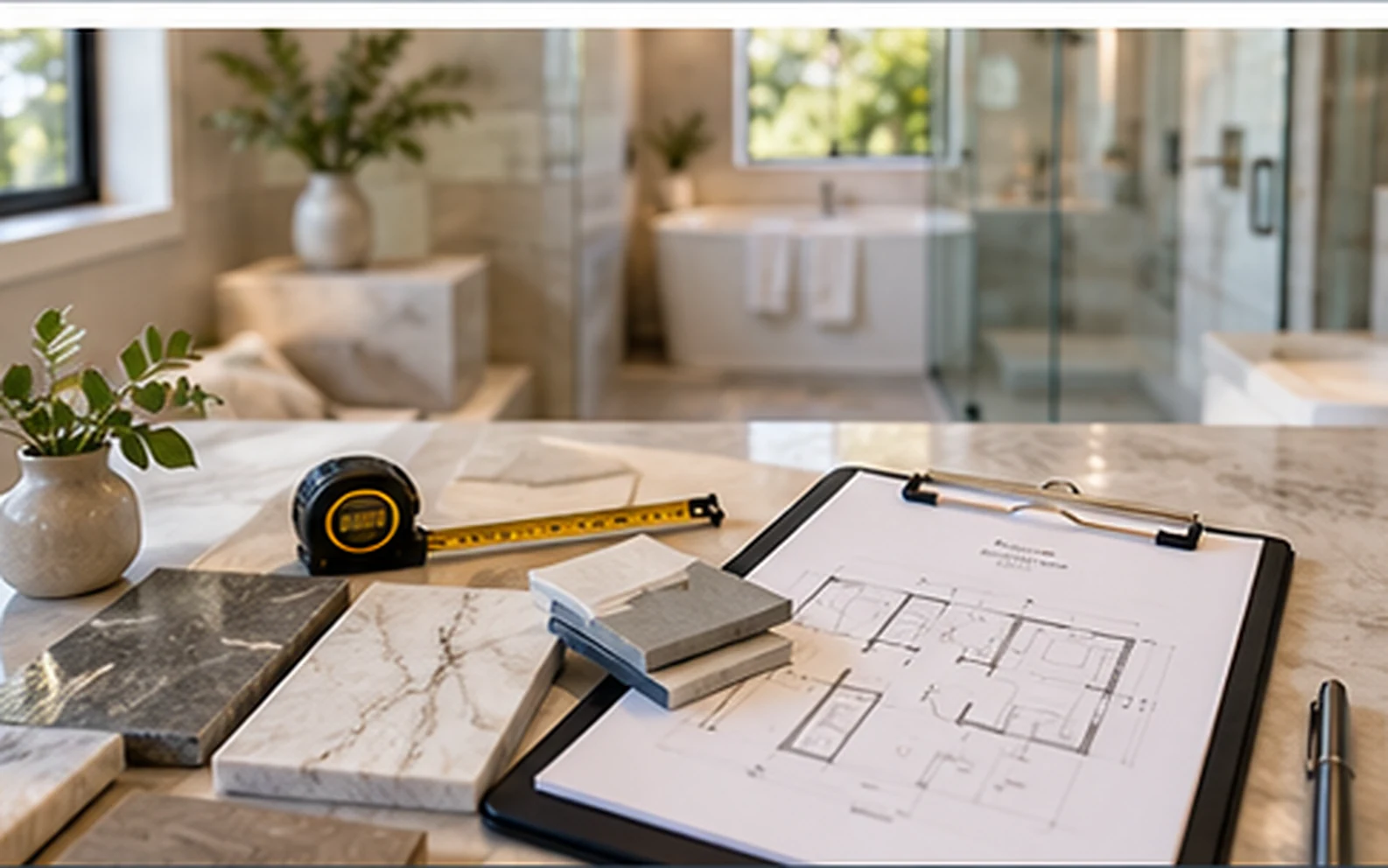 Bathroom project planning workspace with finish samples, measuring tape and floor-plan sketch