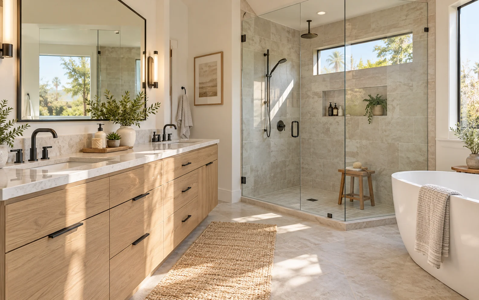 Bright contemporary Los Angeles-style bathroom with glass shower, vanity and freestanding tub