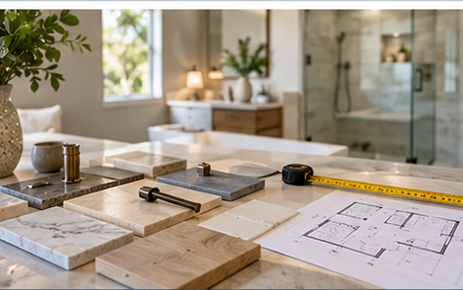 Bathroom remodeling planning materials with tile samples, finish samples and a floor-plan sketch